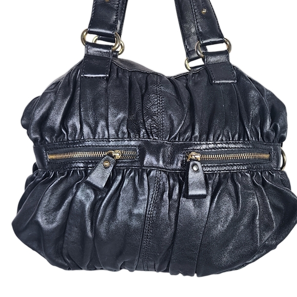 Paola Masi Black Leather Hobo Shoulder Bag Full Zipper Closure Kisslock Pocket - Picture 2 of 10